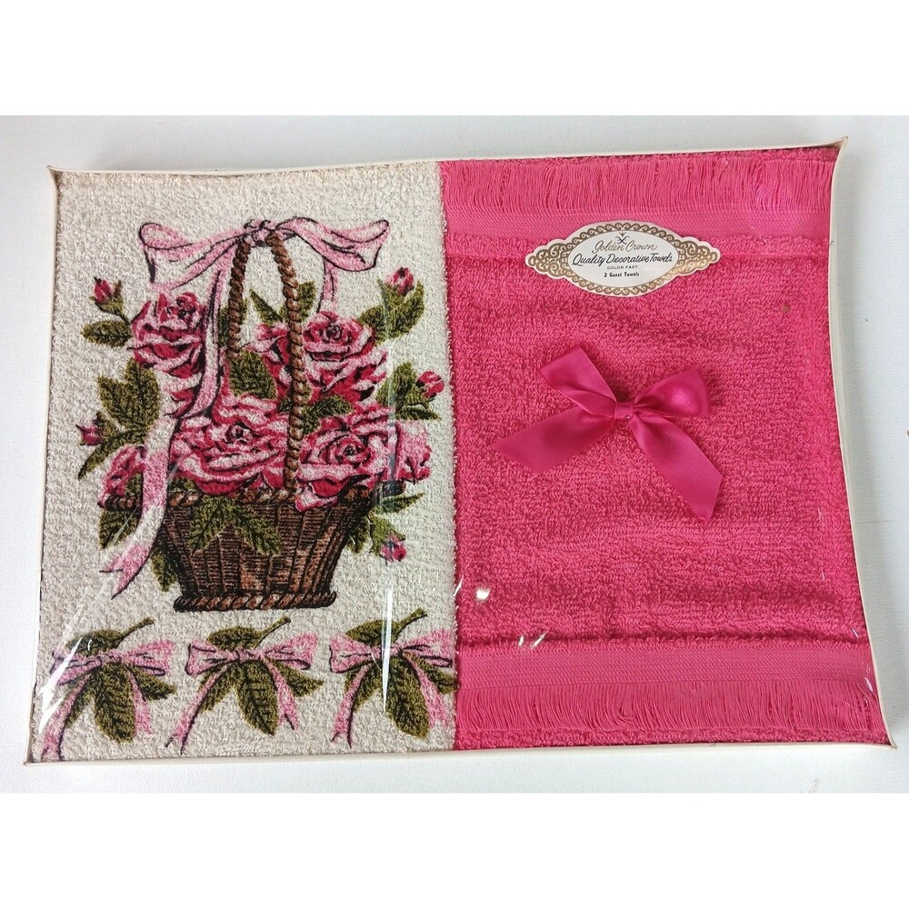 Vintage Box of Two Golden Crown Decorative Guest Towels Pinks White Green NIB